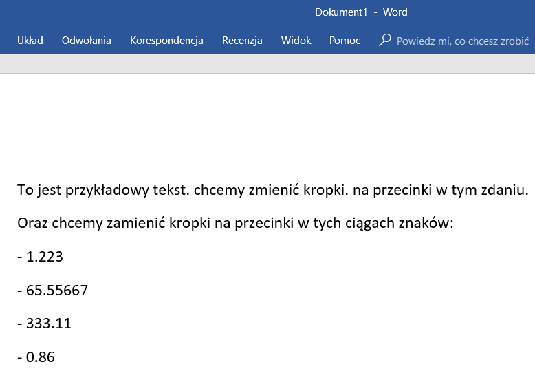 Przykładowy tekst z kropkami w wordzie