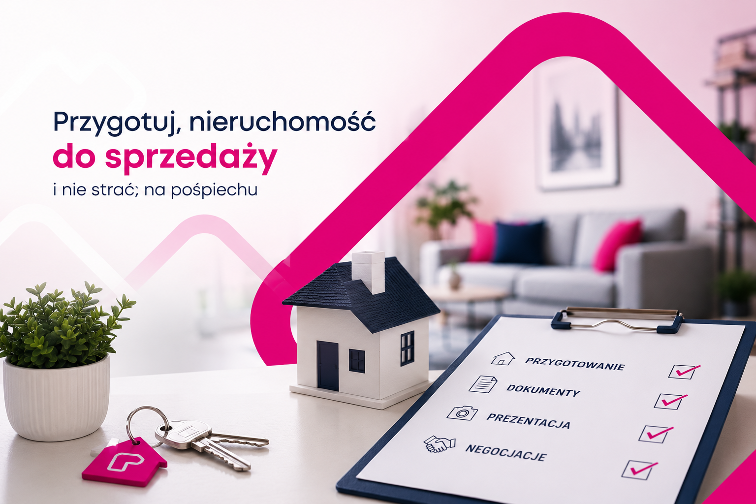 Grafika poradnikowa w kolorystyce Freedom przedstawiająca przygotowanie nieruchomości do sprzedaży, z modelem domu, kluczami i checklistą na tle nowoczesnego wnętrza.